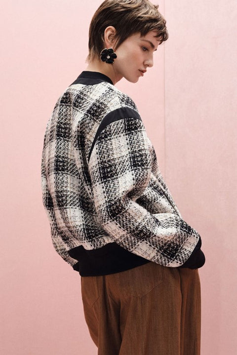 Bomber oversize con fantasia check e zip frontale