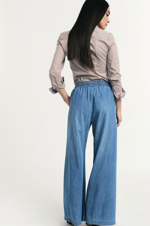 Jeans palazzo con vita alta elasticizzata e coulisse