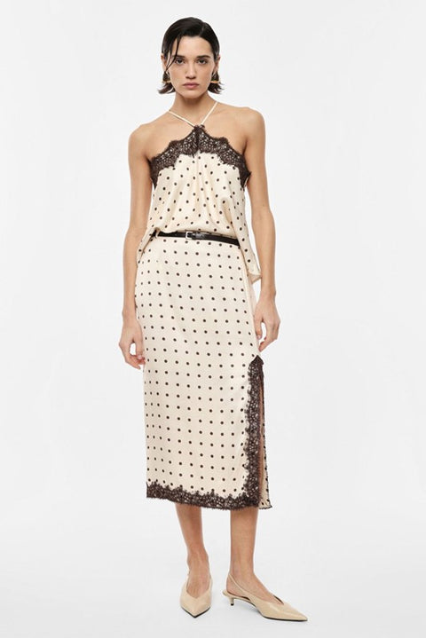 Gonna midi a pois con inserti in pizzo e spacco