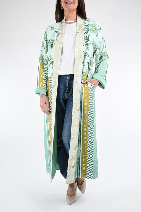 Kimono lungo fantasia color acqua