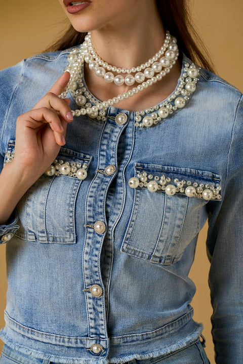 Giubbino jeans ricamo perle