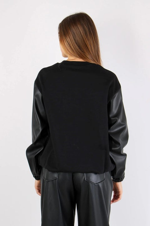 Felpa maniche ecopelle strass pattina