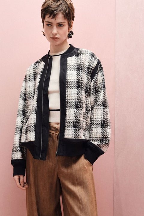 Bomber oversize con fantasia check e zip frontale