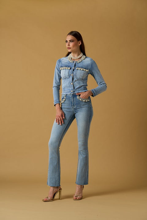 Jeans ricamo perle su tasche