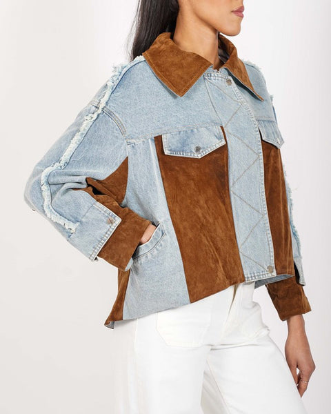 Giacca jeans con inserti in ecocamoscio