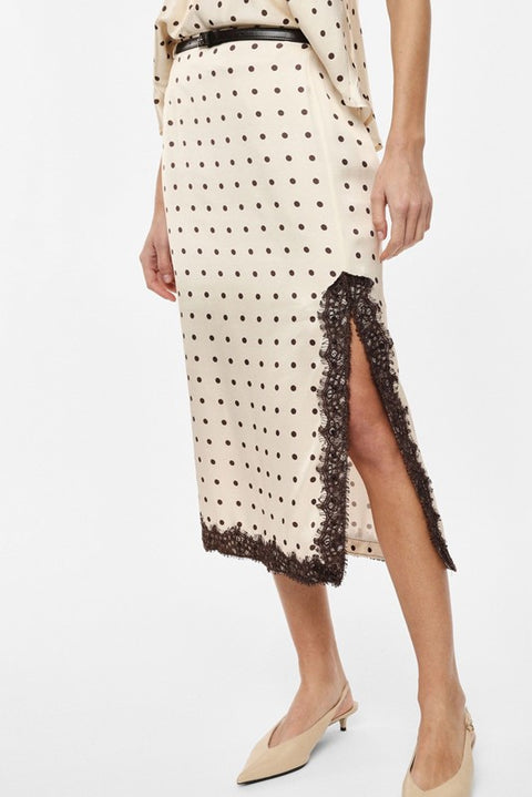 Gonna midi a pois con inserti in pizzo e spacco