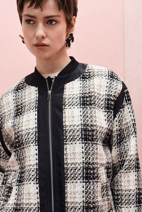Bomber oversize con fantasia check e zip frontale