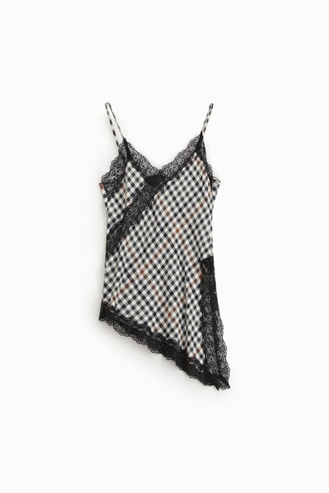 Top asimmetrico con pizzo e motivo a quadri