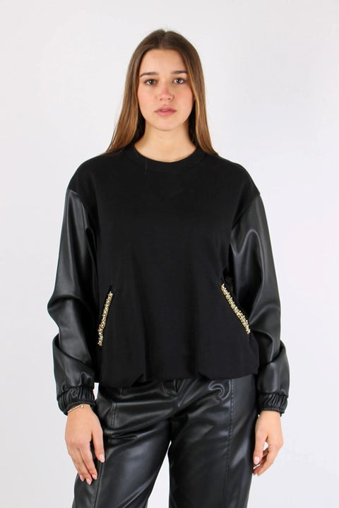 Felpa maniche ecopelle strass pattina