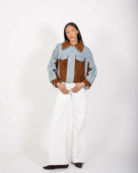 Giacca jeans con inserti in ecocamoscio