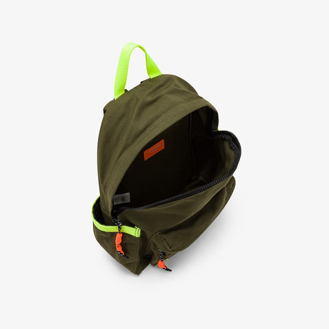 Zaino in tela di cotone verde militare scuro/giallo fluo