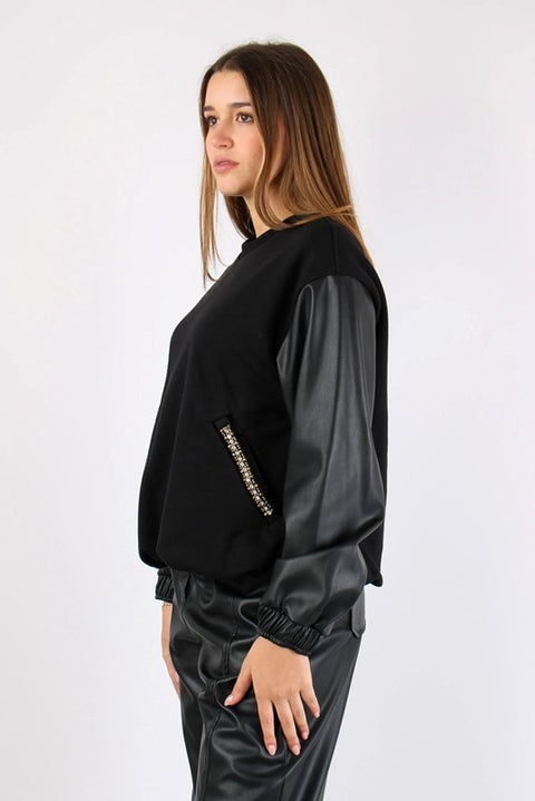 Felpa maniche ecopelle strass pattina