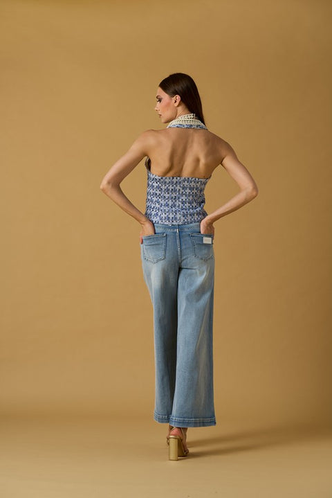 Jeans palazzo perle su tasche