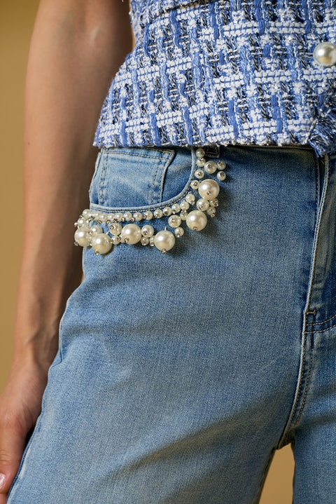 Jeans palazzo perle su tasche