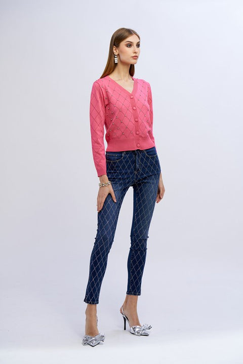 Cardigan punzonato con diamanti