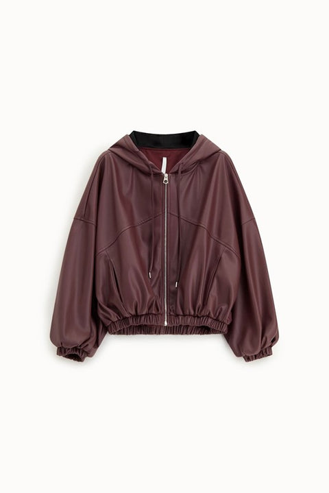 Bomber con cappuccio oversize in similpelle