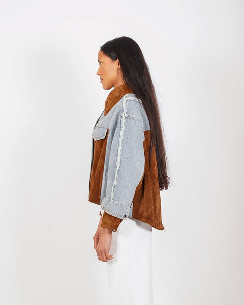 Giacca jeans con inserti in ecocamoscio