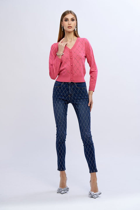 Cardigan punzonato con diamanti