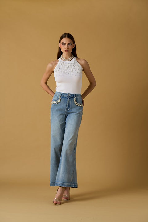 Maglia scollo americano con perle
