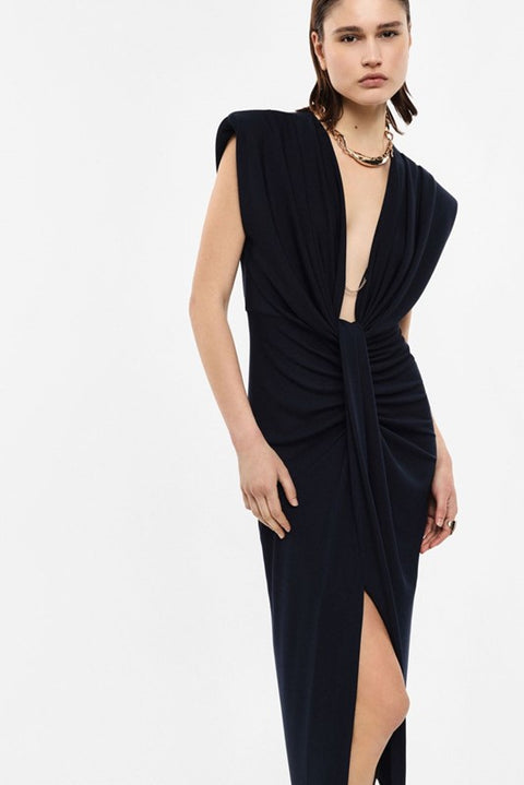 Abito lungo scollo profondo e arricciatura centrale