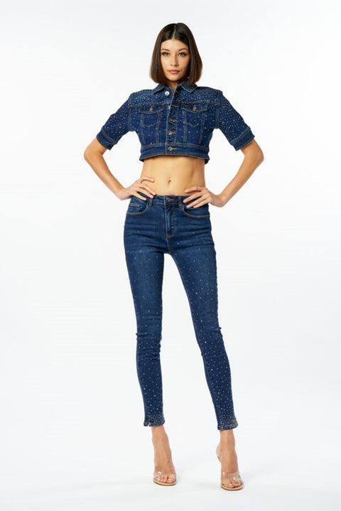 Giubbino jeans corto cascata diamanti