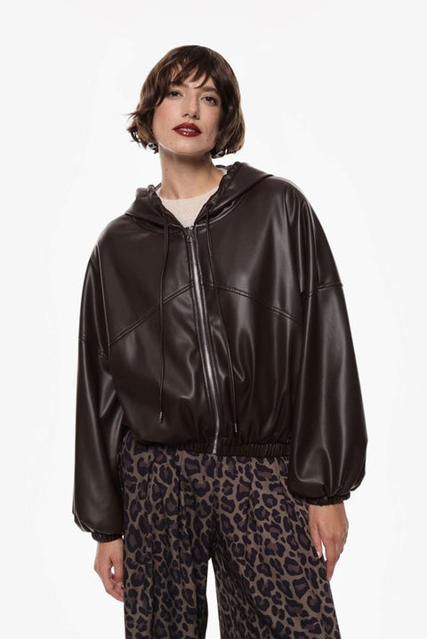Bomber con cappuccio oversize in similpelle