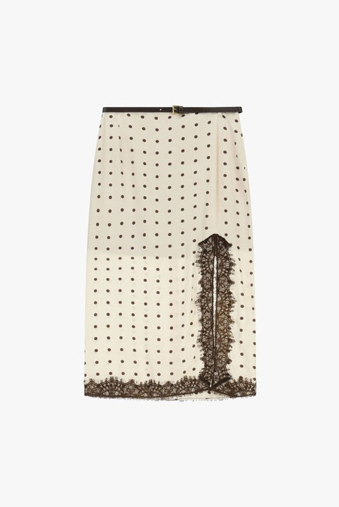 Gonna midi a pois con inserti in pizzo e spacco