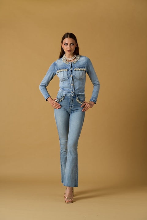 Giubbino jeans ricamo perle
