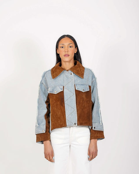 Giacca jeans con inserti in ecocamoscio